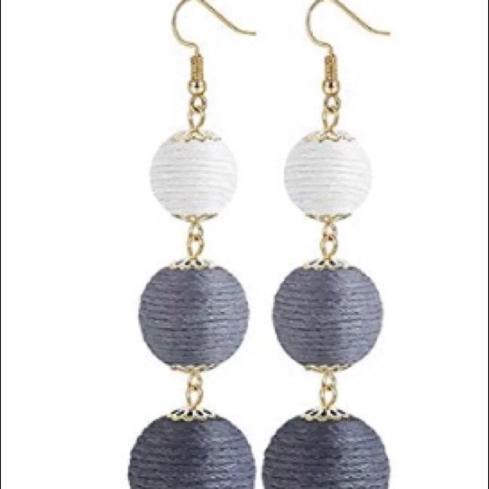 Elegant White and Gray Triple-Wrap Ball Drop Earrings